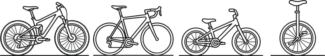 Bicycle Types Outline Vector Set Including Mountain Bike Road Bike Kids Bike and Unicycle © Manik