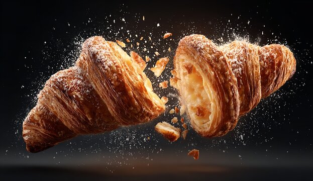 A golden-brown croissant is captured mid-air as it breaks apart surrounded by a cloud of delicate scattered pastry crumbs against a dark backdrop