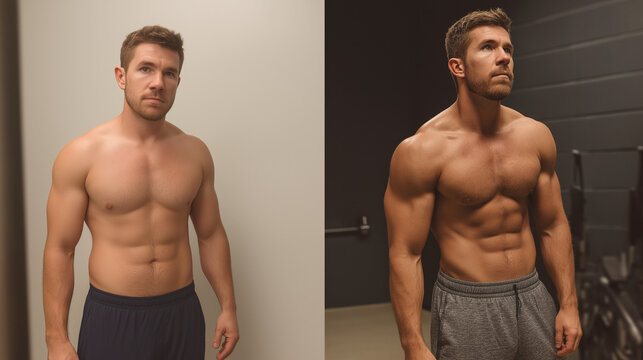 A dedicated man proudly displays his impressive physical before and after body transformation from a lean to a muscular physique.