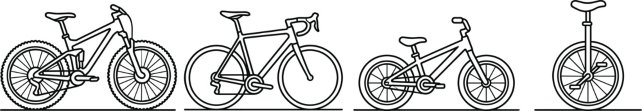 Bicycle Types Outline Vector Set Including Mountain Bike Road Bike Kids Bike and Unicycle