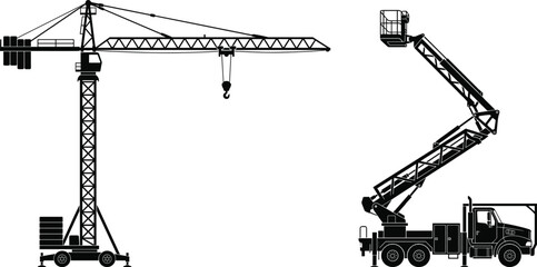 Construction crane and boom lift truck silhouettes set with heavy equipment industrial lifting machines vector © Manik