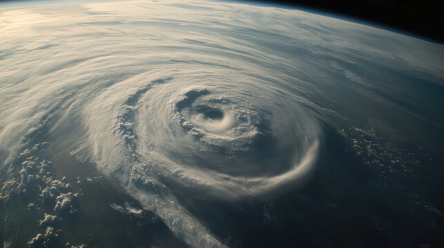 Observing a massive hurricane vortex with swirling clouds and a clear eye from a high viewpoint, symbolizing environmental change, natural disaster, and atmospheric dynamics