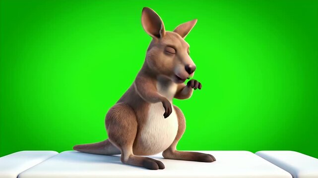 A Curious Cartoon Kangaroo Character with Expressive Eyes Sits Patiently on a White Surface Against a Vibrant Green Screen
