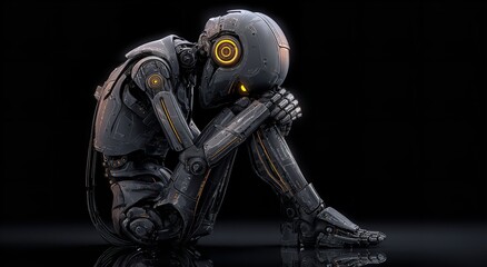 Fototapeta premium A futuristic robotic figure with glowing orange accents sits in a hunched and melancholic pose against a deep and dark reflective studio background