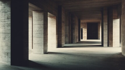 Naklejka premium Modern architecture featuring a long hall with harsh concrete textures, creating a striking play of light and shadow, defining a desolate, minimalist perspective suitable for conceptual themes