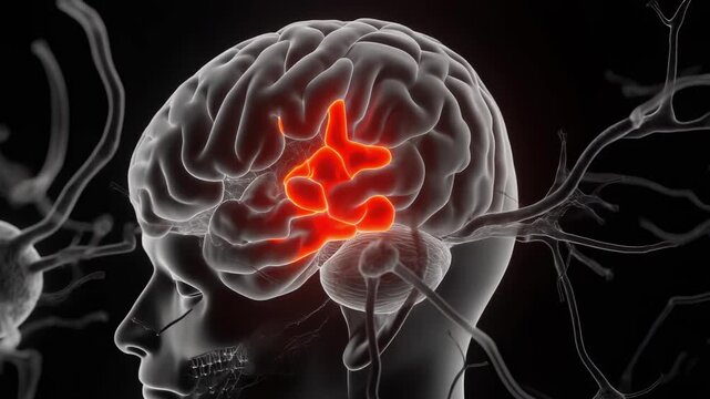 Medical 3D brain illustration with highlighted degeneration area isolated on dark background for healthcare visualization illustrating early Alzheimer disease representation