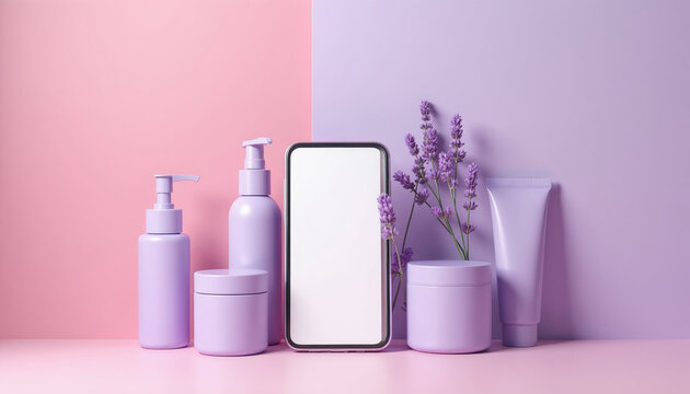 Purple beauty products and smartphone mockup styled with lavender flowers on pastel pink and violet background. Minimalistic cosmetic collection display for feminine branding or app presentation.