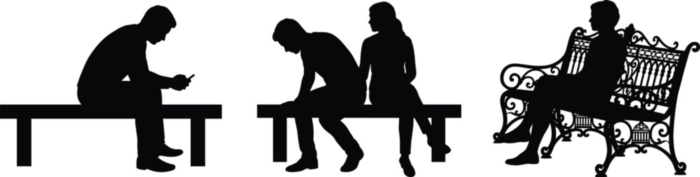 People sitting on benches silhouettes set with smartphone use and social interaction isolated vector illustration