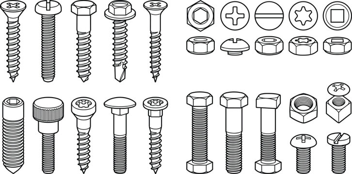 Set of screws bolts and nuts outline vector with various fastener types and head styles isolated