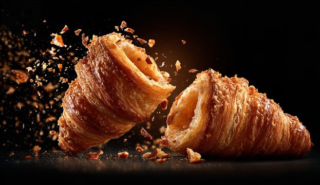 Two halves of a buttery flaky croissant collide mid-air creating a dynamic explosion of golden pastry crumbs against a stark dark black background