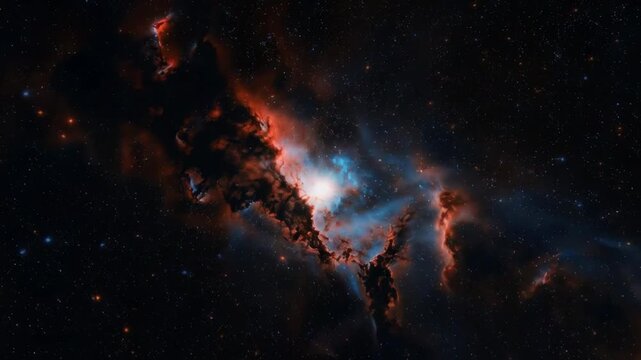 Slow motion tracking shot of glowing interstellar nebula expanding and drifting across deep space starfield