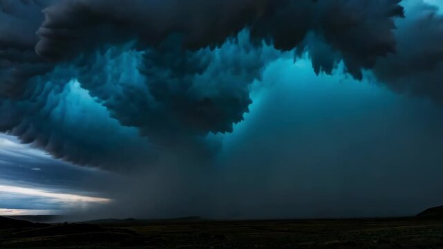 Tracking slow motion pan of supercell thunderstorm rotating and producing wall cloud over open prairie at dusk