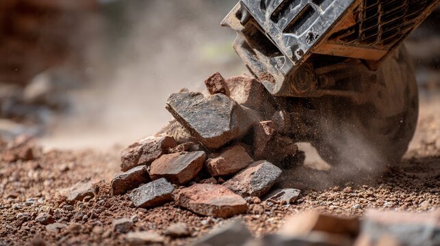 Close up of compact unbranded mobile machine crushing old bricks into clean sorted gravel renovation site gravel is being immediately used as a sub base for a new floor Realistic dust and vibration
