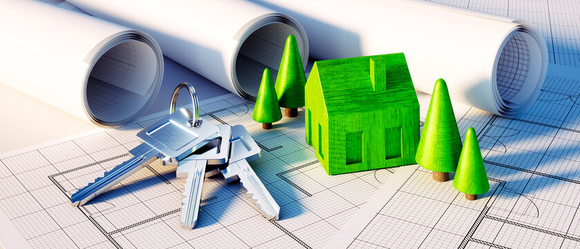 Keychain and keys with green symbol house, trees and architectural plans - concept of planning a home	