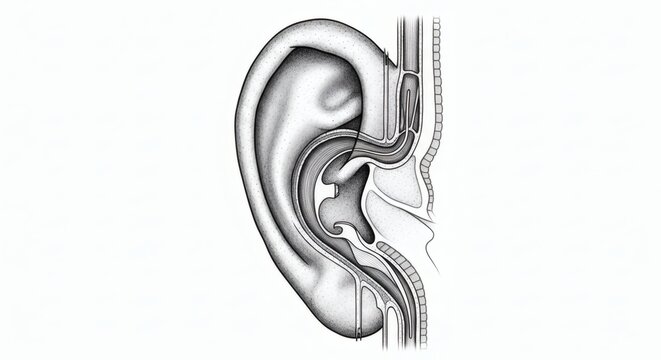 An artistic illustration showcasing the intricate details of the human ear, highlighting its anatomical structure