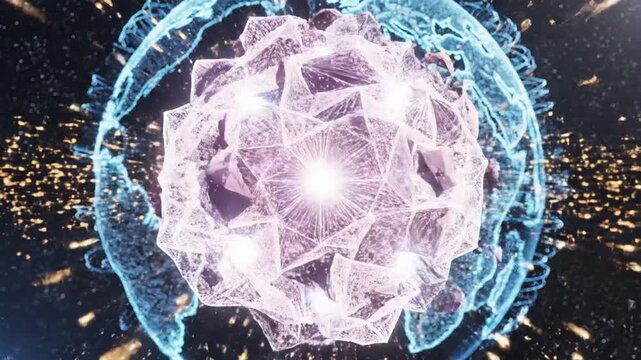 Abstract digital earth globe surrounded by purple geometric spheres and golden light rays