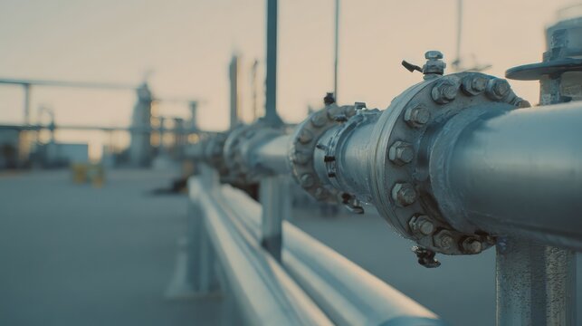 Industrial pipeline infrastructure connecting metal flanges at facility