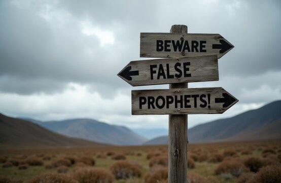 Wooden sign with text BEWARE FALSE PROPHETS directs viewers in open natural landscape under cloudy sky. Warning signifies caution against deceptive individuals teachings, urging discernment, critical