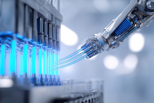 Close up of generic robotic arm assisting technician installing high tech liquid cooling manifold into server rack Glowing blue fluid visible transparent tube Soft bokeh clean laboratory style