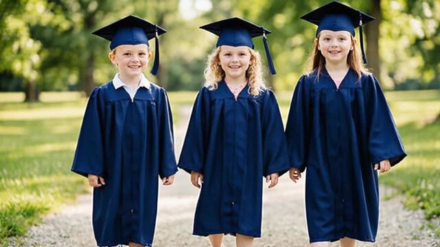 Three children in blue graduation gowns walk joyfully along a path in a sunny park, celebrating their achievement with smiles and caps