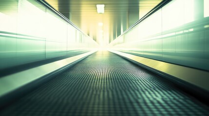 Fototapeta premium Empty moving walkway traveling through a modern environment, bright light at the end symbolizing progress, opportunity, future, and arrival in a journey, creating a sense of movement and success