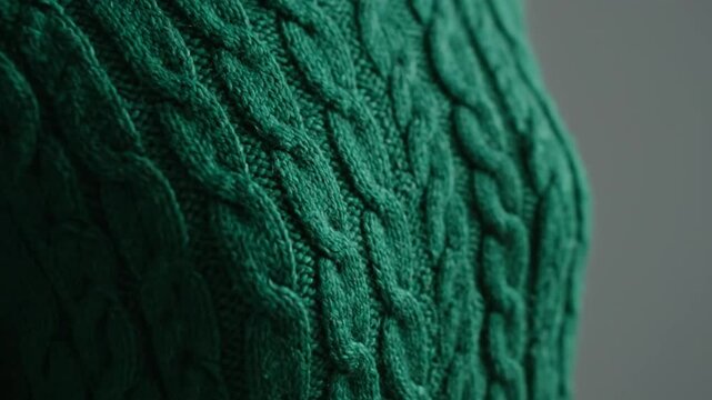 Close up view of the intricate cable knit design of a vibrant emerald green sweater on a mannequin