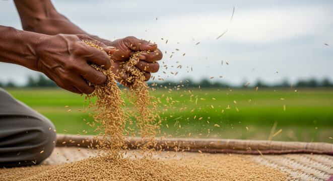 Farmer Handheld Grain Pouring Close-Up, Traditional Winnowing Agriculture, Overcast Field Background