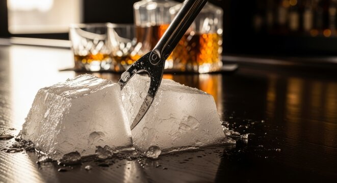 Bartender Splitting Ice Block with Tongs for Premium Drinks in Upscale Restaurant Bar