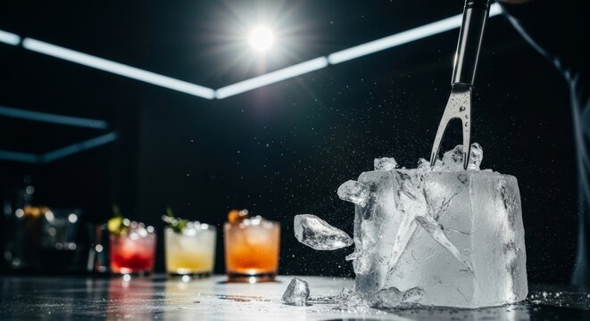 Cracking Ice Block with Pick in Modern Bar with Cocktails, Dramatic Lighting and Copy Space