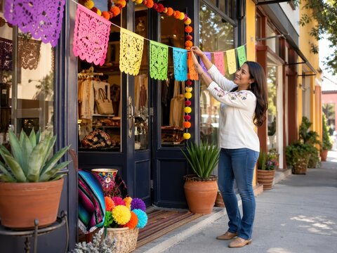 Hispanic woman decorating shop front with colorful papel picado banner. Preparing store for Cinco de Mayo holiday celebration