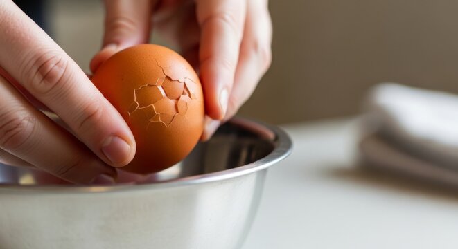 Cracking Egg Shell Over Stainless Steel Bowl, Close-up of Hands Preparing Food, Culinary Skill