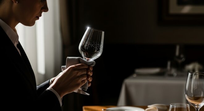 Server polishing crystal wine glass with cloth in upscale restaurant, attention to detail