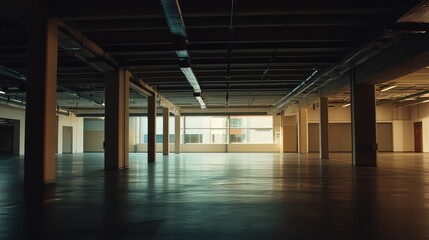 Fototapeta premium Spacious long empty industrial hall with concrete pillars and a high ceiling, featuring large windows allowing natural light to illuminate the reflective floor
