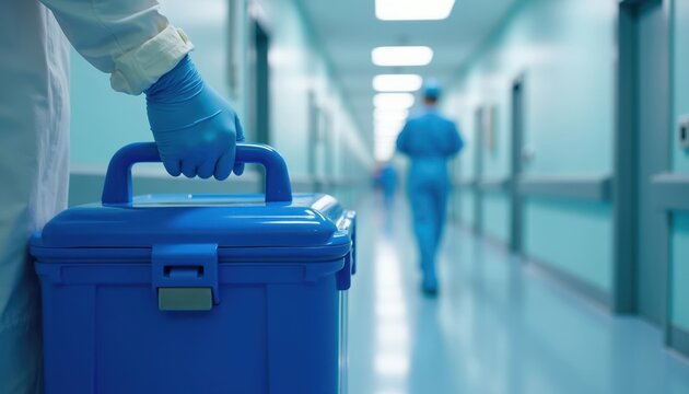 Medical worker in blue gloves transports organ cooler down hospital corridor. Healthcare professional rushes with patient transplant container. Life saving medical cargo delivery fast moving.