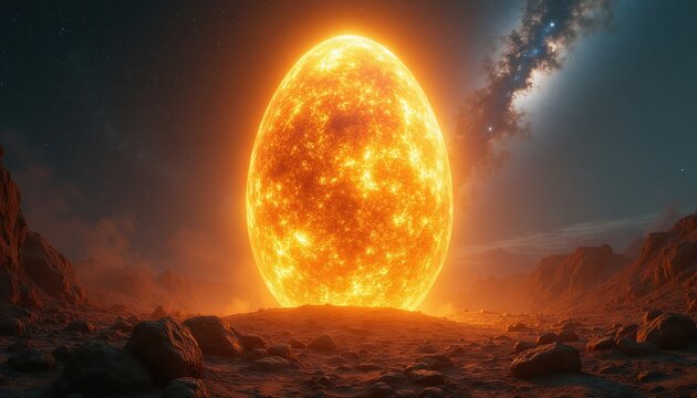 Giant glowing egg sits in alien rocky terrain under starry night sky. Cosmic orb emits bright orange light and heat, illuminating mystical barren landscape. Surreal scene.