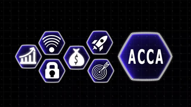 ACCA acronym in a large hexagonal frame with business strategy icons on a dark grid background Keywords: ACA, acronym, business, strategy, icons, hexagonal, frames, dark, grid, background