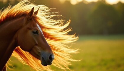 Fototapeta premium Horse mane flows in wind during golden hour sunset. Brown equine head with flowing hair. Green grassy field backdrop. Warm light emphasizes movement.