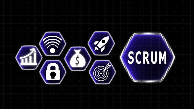 Digital infographic with icons representing growth, intellect, finance, justice, innovation, and strategy with the word SCRUM