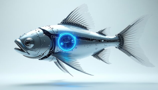 Futuristic metallic fish with bright blue neon circuits, a mechanical creature with bionic parts. This robotic animal symbolizes AI tech and innovation in the cybernetic age.