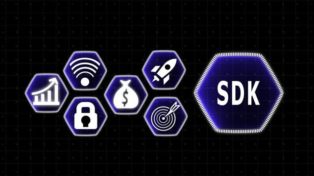 Software Development Kit Icons with SDK Text on Futuristic Grid Background technology