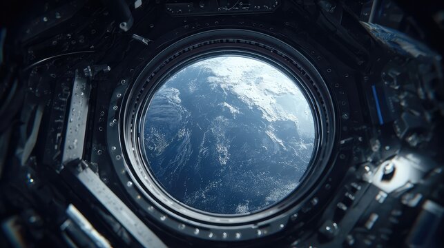 Planet earth framed by a space station porthole, orbiting above blue oceans and cloud covered continents a breathtaking scientific view of our world from space
