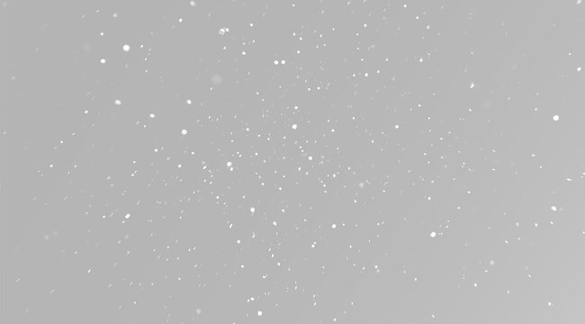Realistic fine white dust particles on grey background, atmospheric floating snow or flour powder effect