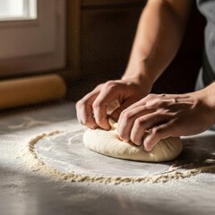 Fototapeta premium Hands kneading pizza dough on marble countertop with flour dust and soft window light, artisan food preparation