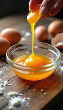 Hand cracks fresh egg yolk into clear bowl. Cooking preparation for breakfast or baking. Raw ingredient for healthy meal. Wooden table surface with shells.