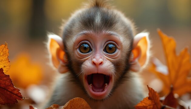 Shocked baby monkey with wide eyes and open mouth looks at camera among autumn leaves. Small primate expresses surprise curiosity. Funny animal face, closeup portrait, nature background.