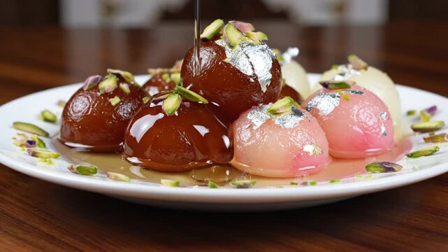 Sweet Gulab Jamun Desserts Drizzled with Syrup Garnished with Pistachios and Edible Silver Leaf on White Plate