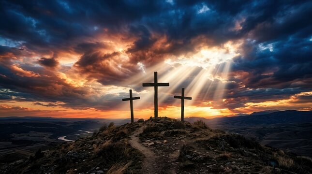 Three crosses on a hilltop at sunset with light rays