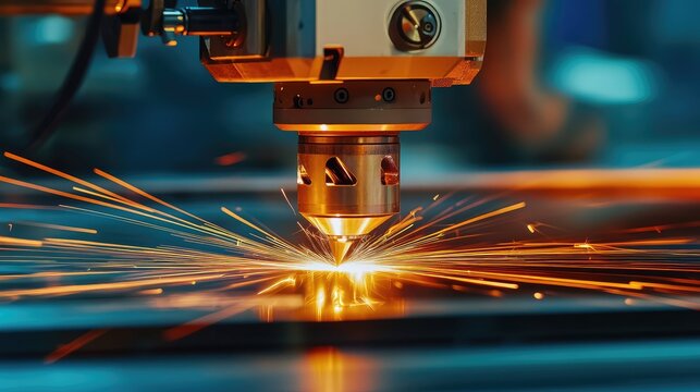 Precision laser cutting metal with bright sparks in industrial workshop