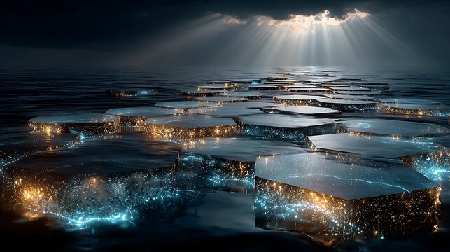 Hexagonal grid patterns covering seabed with blue holographic glow images