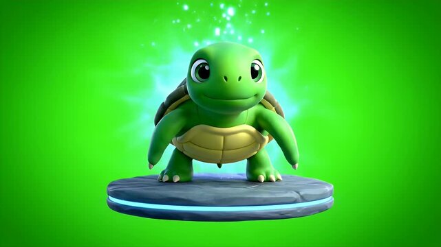 A Cute Green Turtle Character Animation with Glowing Magical Effects on a Stone Pedestal Against a Vibrant Green Screen